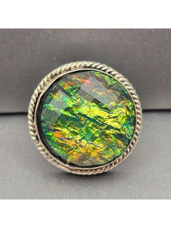 Handmade Jewelry - Vintage Sterling Silver Plated Dichroic Glass Ring Size 9.5 Bezel Rope Edge